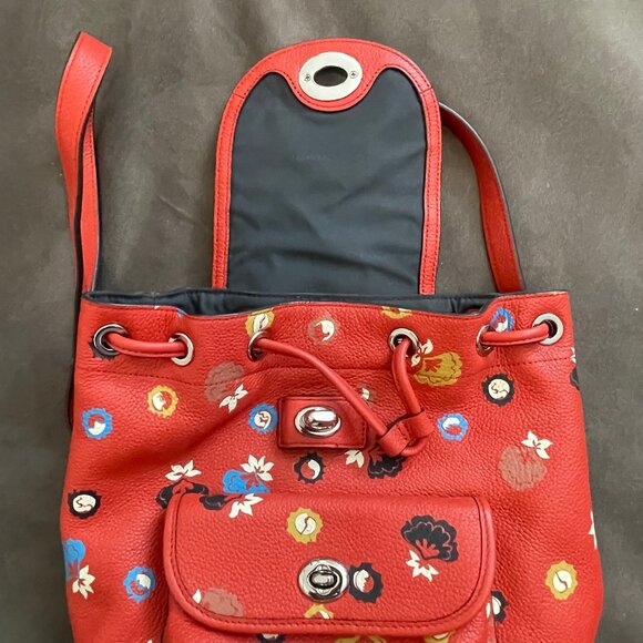 COACH Turnlock Rucksack Floral Print Mini Backpack Carmine Red Leather - Picture 4 of 5